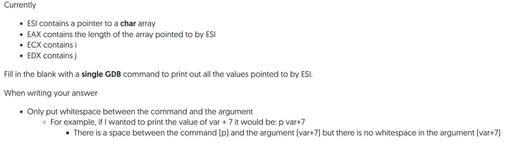 Currently Esi Contains A Pointer To A Char Array Eax Contains The Length Of The Array Pointed To By Esi Ecx Contains 1