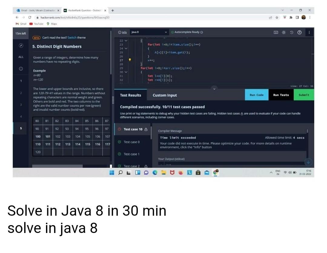 Email Joshy Vikram Contractor C M Gmail Youtube 15m Left 7 All 1 5 Info Java 8 Hackerank Question Distinct X Hac 1