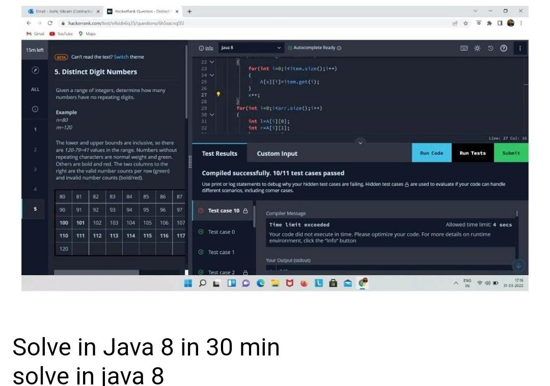 Email Joshy Vikram Contractor C M Gmail Youtube 15m Left 7 All 1 5 Info Java 8 Hackerank Question Distinct X Hac 2