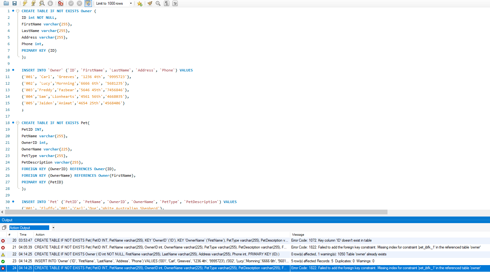 7 Ta 0 Eo 5 Limit To 1000 Rows Q1 Create Table If Not Exists Owner Id Int Not Null Firstname Varchar 255 Lastna 1