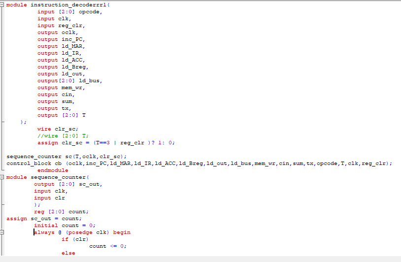 Module Instruction Decoderrrl Input 2 01 Opcode Input Clk Input Reg Clr Output Oclk Output Inc Pc Output 1d Mar 1