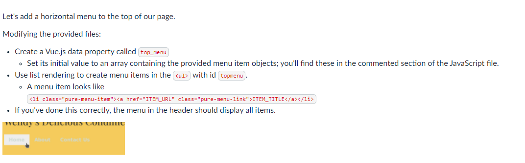 Let S Add A Horizontal Menu To The Top Of Our Page Modifying The Provided Files Create A Vue Js Data Property Called 1
