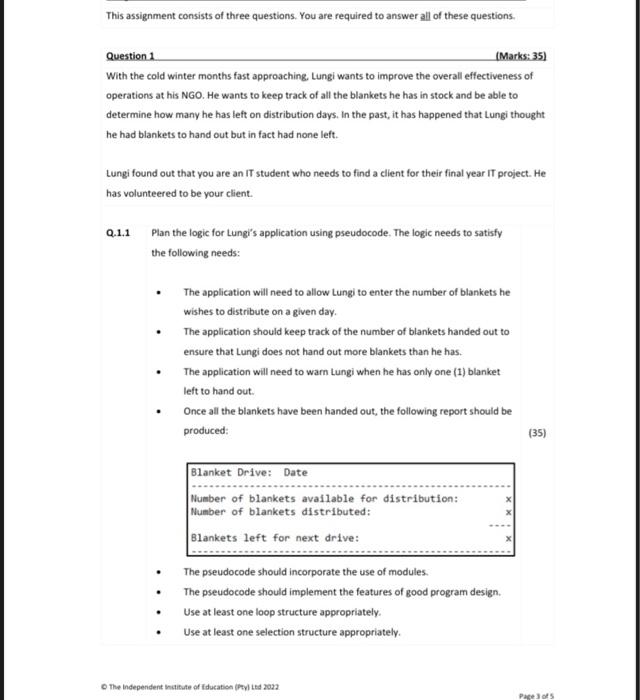 This Assignment Consists Of Three Questions You Are Required To Answer All Of These Questions Question 1 Marks 35 W 1