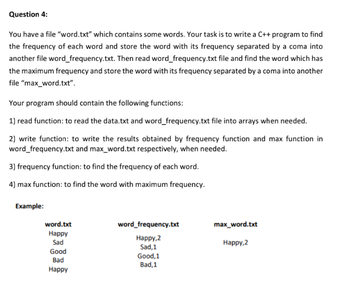 Question 4 You Have A File Word Txt Which Contains Some Words Your Task Is To Write A C Program To Find The Freque 1