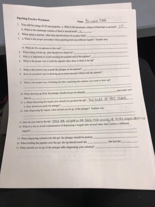 New Brama Pouse Pipetting Practice Worksheet 1 You Will Be Using 1 20 Microgiote 2 What The Medium Volume Of Fluid Th 1