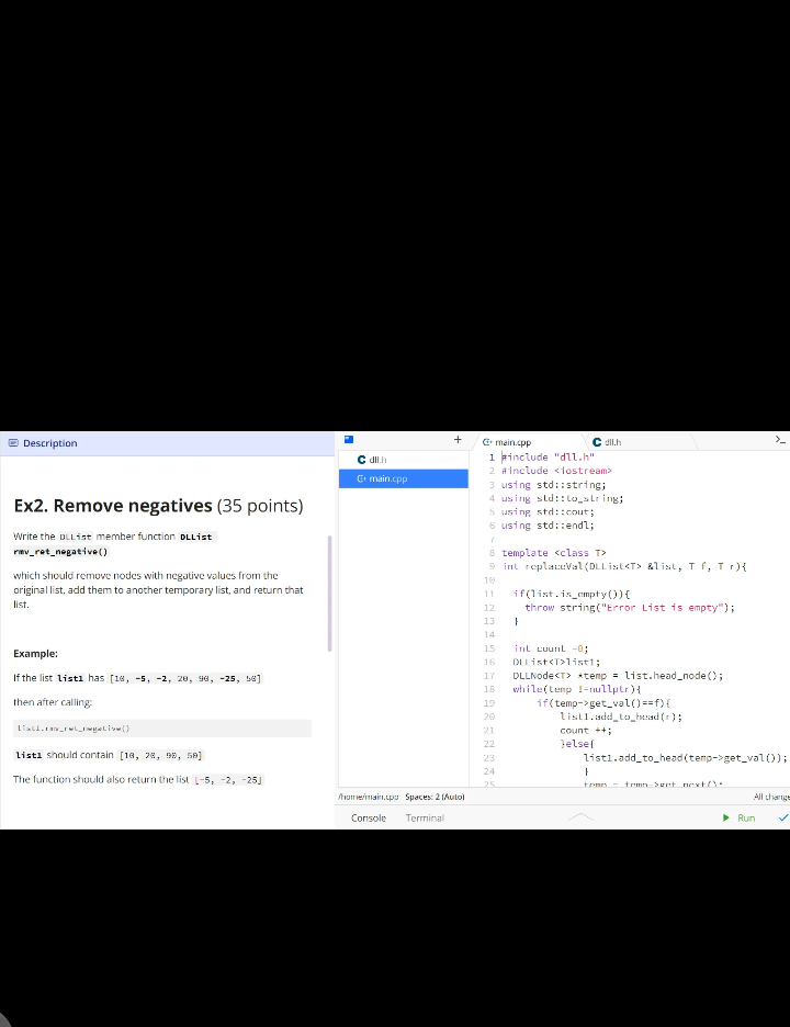 Description Ex2 Remove Negatives 35 Points Write The Dllist Member Function Dllist Rmv Ret Negative Which Should R 1
