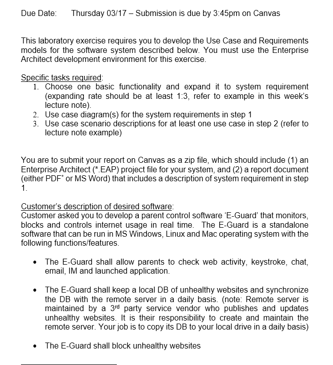 Due Date Thursday 03 17 Submission Is Due By 3 45pm On Canvas This Laboratory Exercise Requires You To Develop The Us 1