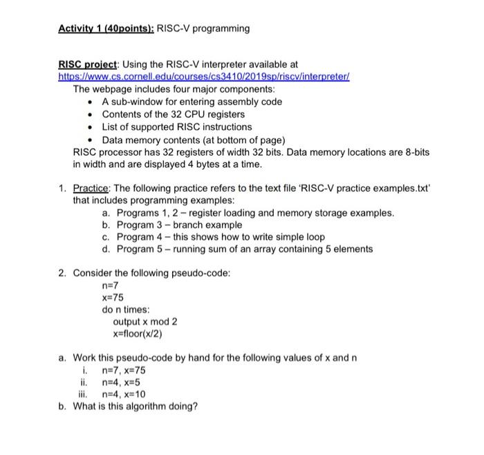 Activity 1 40points Risc V Programming Risc Project Using The Risc V Interpreter Available At Https Www Cs Cornell 1