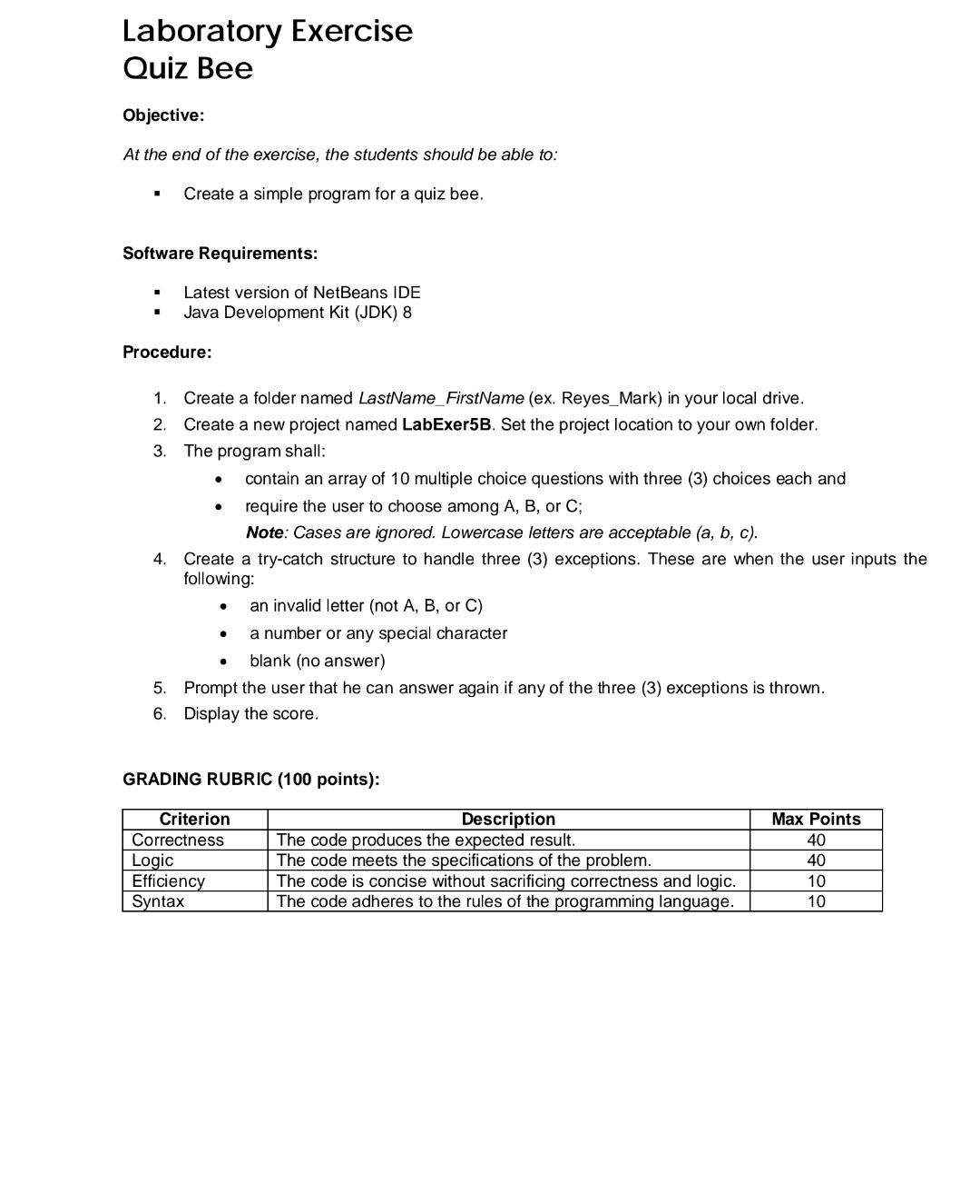 Laboratory Exercise Quiz Bee Objective At The End Of The Exercise The Students Should Be Able To Create A Simple Prog 1