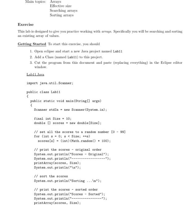 Main Topics Arrays Effective Size Searching Arrays Sorting Arrays Exercise This Lab Is Designed To Give You Practice Wo 1