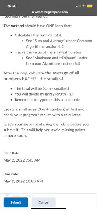 8 30 Wvnet Brightspace Com Write A Program That Contains A Method Avgwithoutsmallest The Method Should Compute The Aver 2