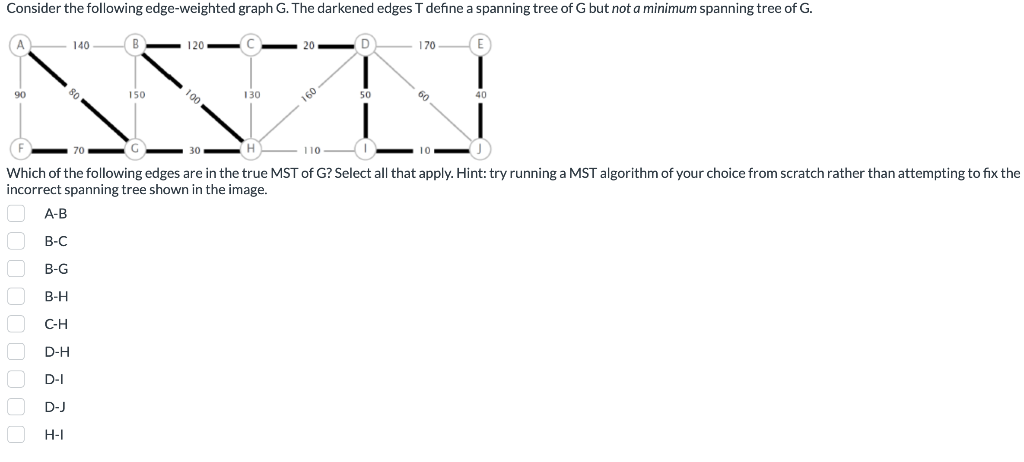 Consider The Following Edge Weighted Graph G The Darkened Edges T Define A Spanning Tree Of G But Not A Minimum Spannin 1