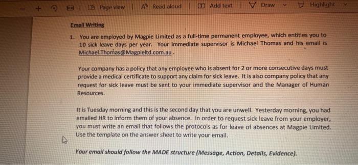 A Read Aloud 0 Add Text Draw Highlight Y Bd Page View Email Writing 1 You Are Employed By Magpie Limited As A Full Ti 1