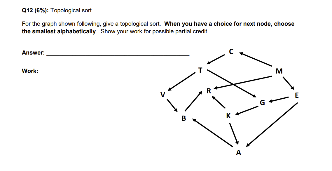 Q12 6 Topological Sort For The Graph Shown Following Give A Topological Sort When You Have A Choice For Next Node 1
