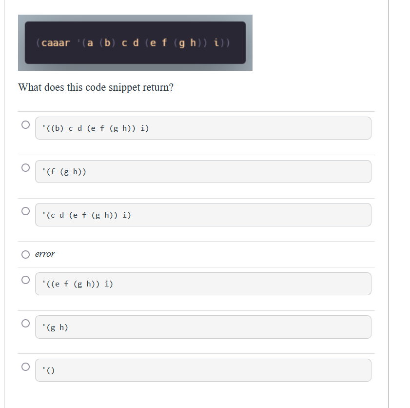 Caaar A B C D E F G H I What Does This Code Snippet Return B C D E F G H I F G H C D E F G 1