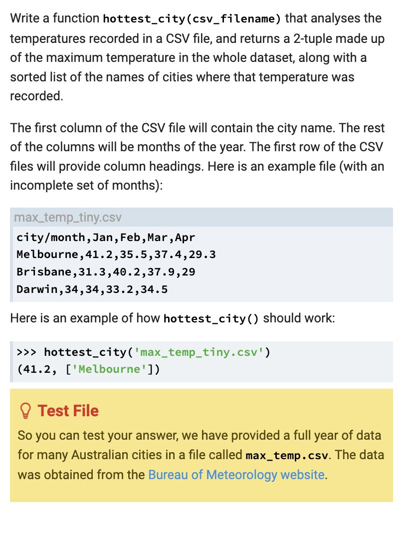 Write A Function Hottest City Csv Filename That Analyses The Temperatures Recorded In A Csv File And Returns A 2 Tupl 1