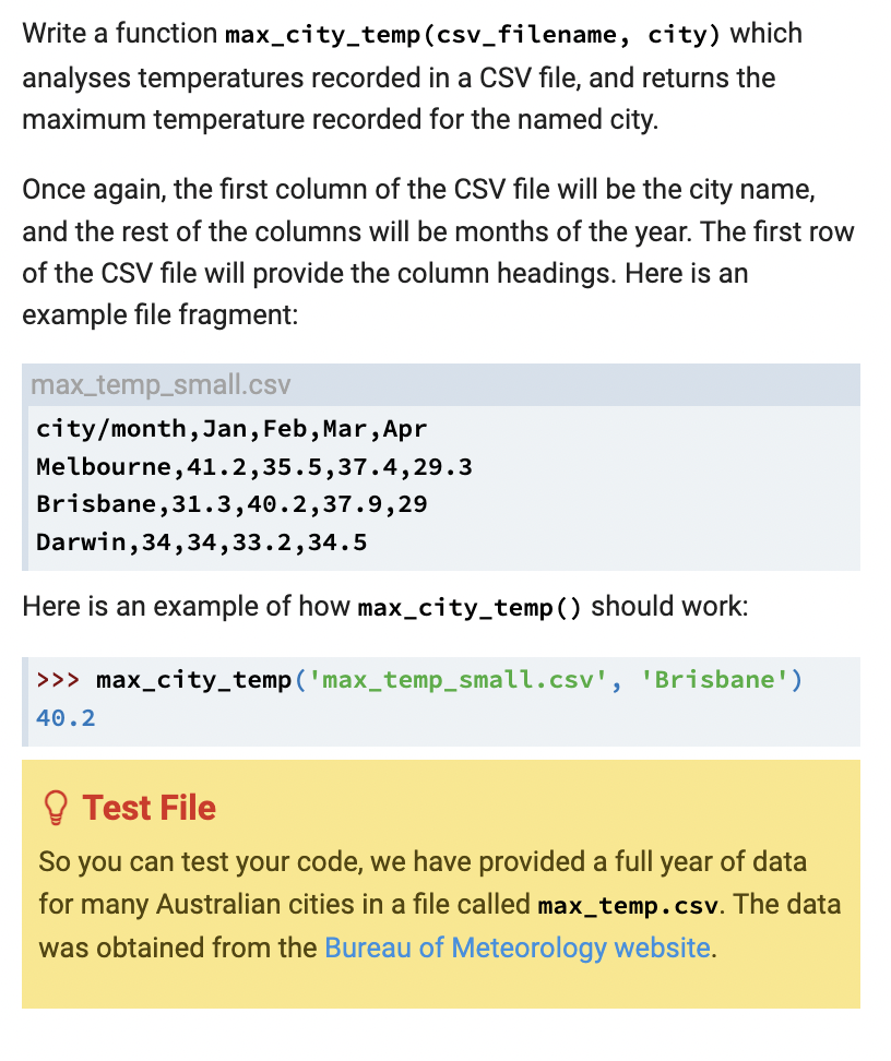 Write A Function Max City Temp Csv Filename City Which Analyses Temperatures Recorded In A Csv File And Returns The 1