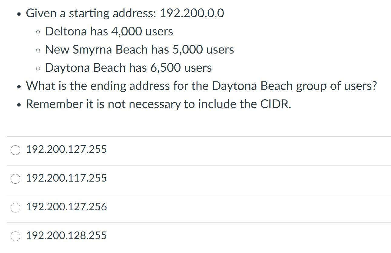 Given A Starting Address 192 200 0 0 O Deltona Has 4 000 Users New Smyrna Beach Has 5 000 Users O Daytona Beach Has 1