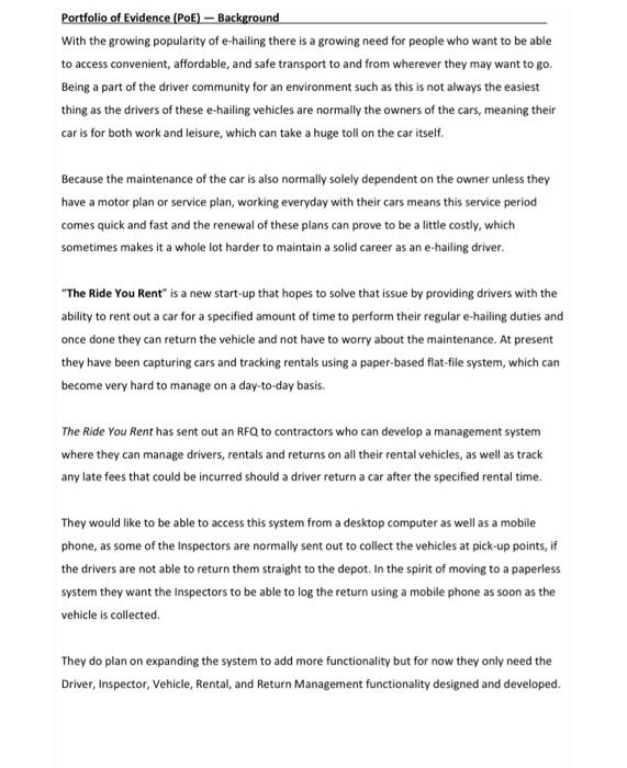 Portfolio Of Evidence Poe Background With The Growing Popularity Of E Hailing There Is A Growing Need For People Who 1