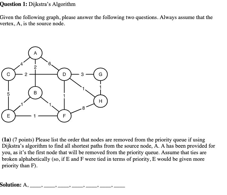 Question 1 Dijkstra S Algorithm Given The Following Graph Please Answer The Following Two Questions Always Assume Tha 1