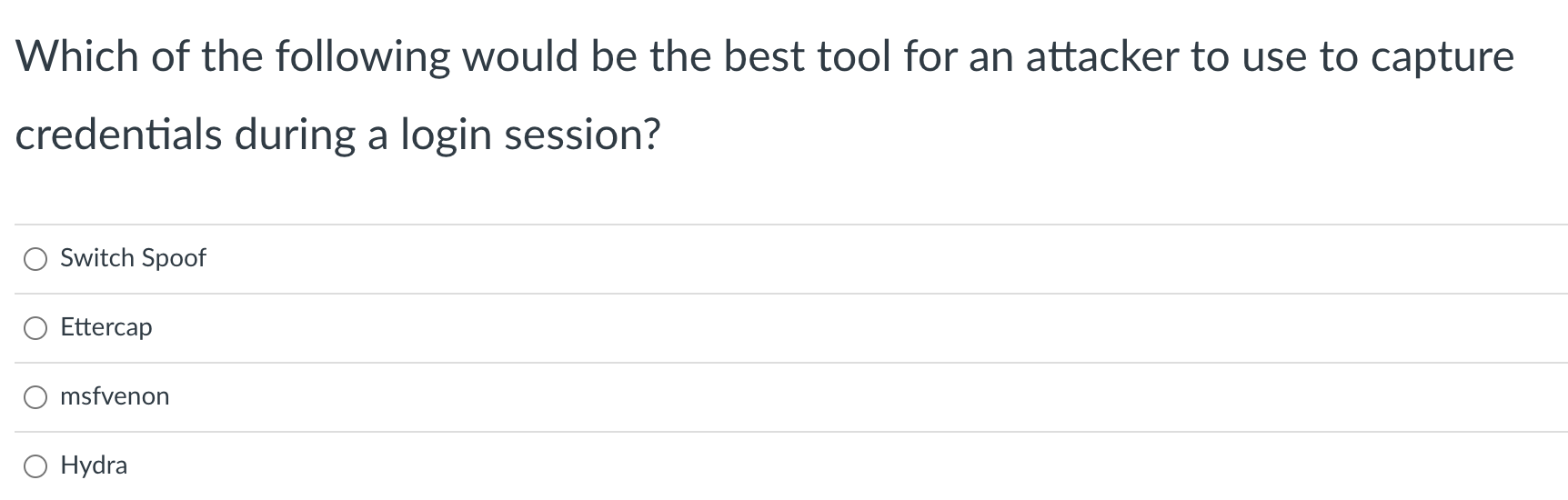 Which Of The Following Would Be The Best Tool For An Attacker To Use To Capture Credentials During A Login Session Swit 1