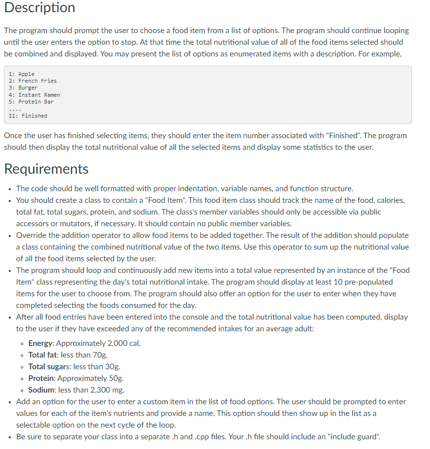 Description The Program Should Prompt The User To Choose A Food Item From A List Of Options The Program Should Continue 1