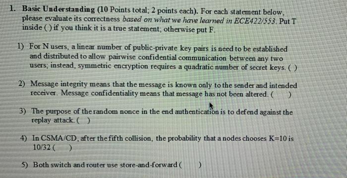 1 Basic Understanding 10 Points Total 2 Points Each For Each Statement Below Please Evaluate Its Correctness Based 1