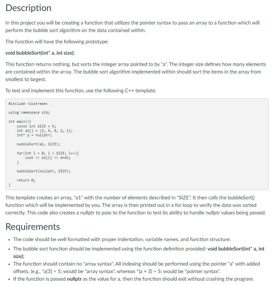 Description In This Project You Will Be Creating A Function That Utilizes The Pointer Syntax To Pass An Array To A Funct 1