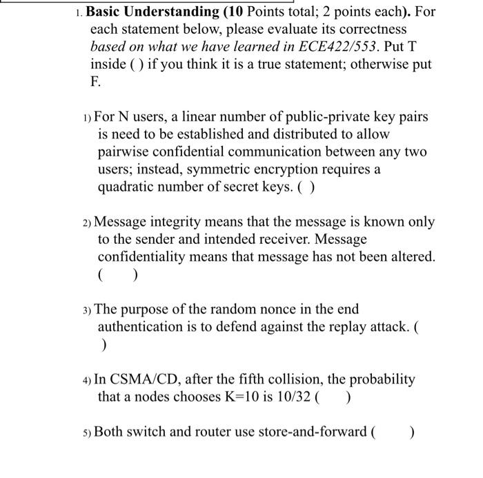 1 Basic Understanding 10 Points Total 2 Points Each For Each Statement Below Please Evaluate Its Correctness Based 1
