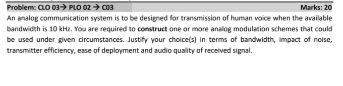 Problem Clo 03 Plo 02 C03 Marks 20 An Analog Communication System Is To Be Designed For Transmission Of Human Voice 1