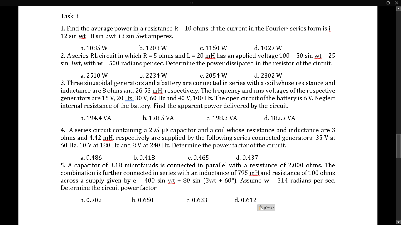 Task 3 1 Find The Average Power In A Resistance R 10 Ohms If The Current In The Fourier Series Form Is I 12 S 1