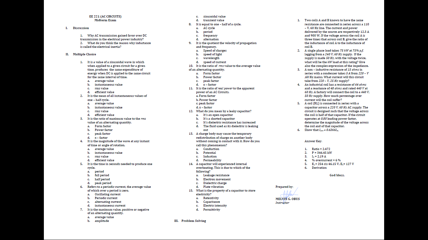 I Ii Ee 221 Ac Circuits Midterm Exam 1 Why Ac Transmission Gained Favor Over Dc Transmission In The Electrical Powe 1