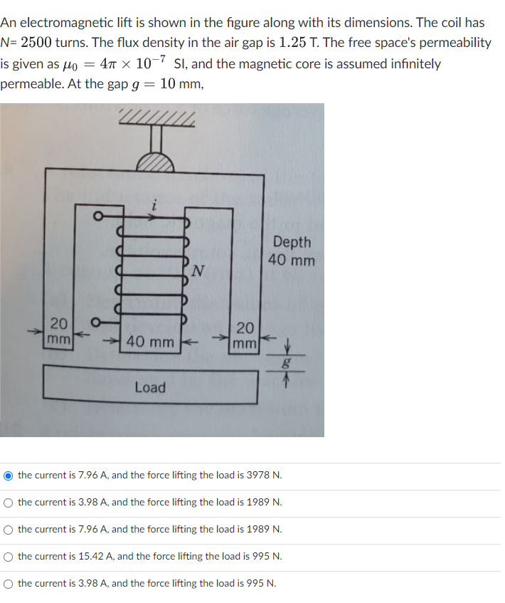 An Electromagnetic Lift Is Shown In The Figure Along With Its Dimensions The Coil Has N 2500 Turns The Flux Density I 1
