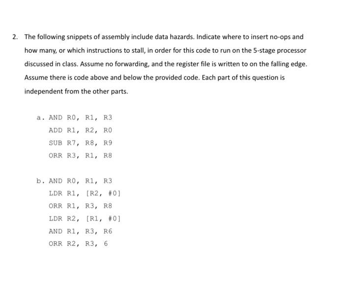 2 The Following Snippets Of Assembly Include Data Hazards Indicate Where To Insert No Ops And How Many Or Which Instr 1