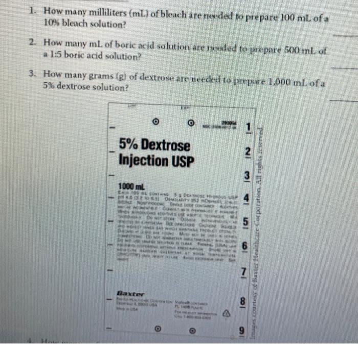 1 How Many Milliliters Ml Of Bleach Are Needed To Prepare 100 Ml Of A 10 Bleach Solution 2 How Many Ml Of Boric Ac 1