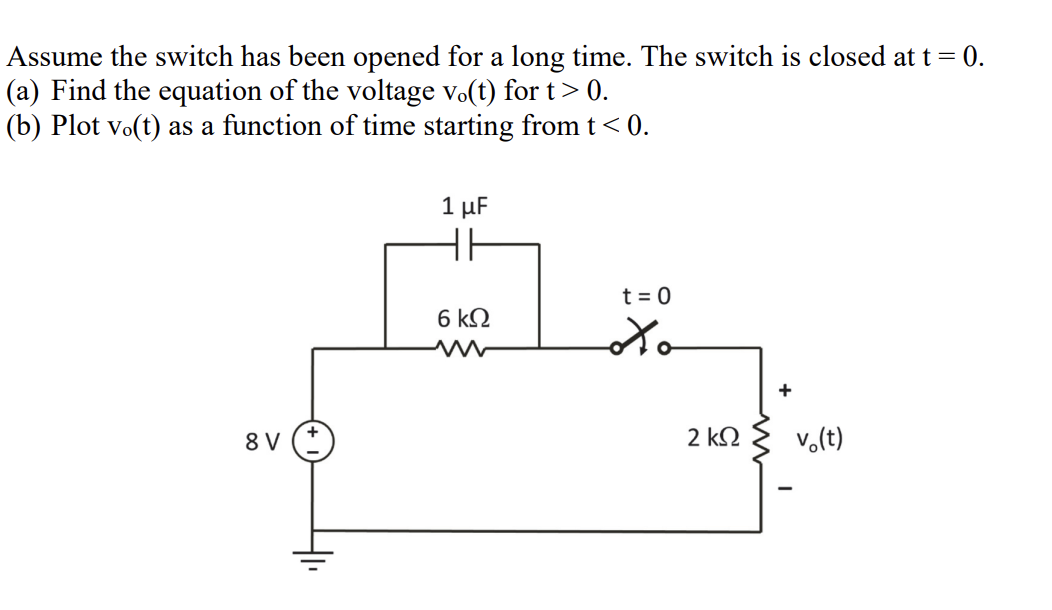 Assume The Switch Has Been Opened For A Long Time The Switch Is Closed At T 0 A Find The Equation Of The Voltage V 1