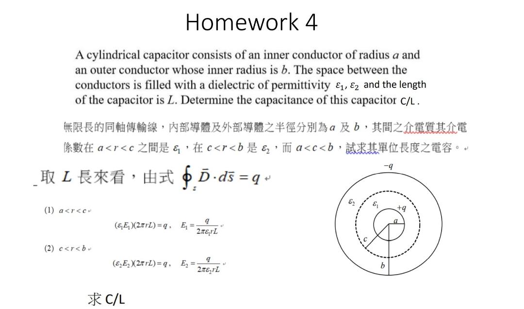 Homework 4 A Cylindrical Capacitor Consists Of An Inner Conductor Of Radius A And An Outer Conductor Whose Inner Radius 1