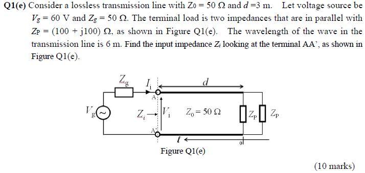 Q1 E Consider A Lossless Transmission Line With Zo 50 2 And D 3 M Let Voltage Source Be Vg 60 V And Zg 50 2 Th 1
