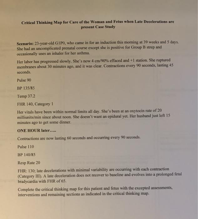 Critical Thinking Map For Care Of The Woman And Fetus When Late Decelerations Are Present Case Study Scenario 23 Year O 1