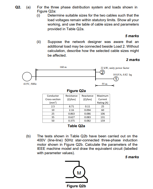 Q2 A For The Three Phase Distribution System And Loads Shown In Figure Q2a 1 Determine Suitable Sizes For The Two 1