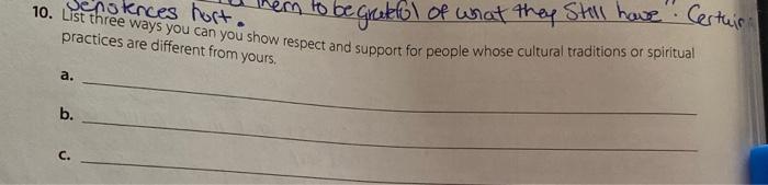 10 List Three Ways You Can You Show Respect And Support For People Whose Cultural Traditions Or Spiritual X Gratll Of 1