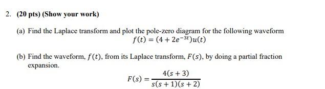 2 20 Pts Show Your Work A Find The Laplace Transform And Plot The Pole Zero Diagram For The Following Waveform F 1
