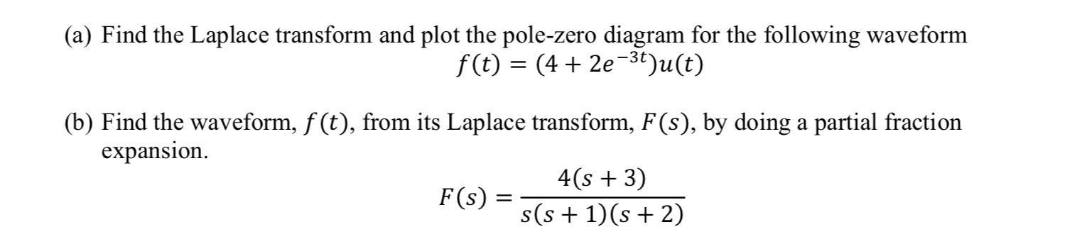 A Find The Laplace Transform And Plot The Pole Zero Diagram For The Following Waveform F T 4 2e T U T B Find 1