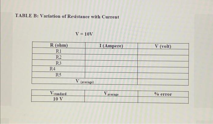 Table B Variation Of Resistance With Current V 10v R Ohm I Ampere R1 R2 R3 R5 Vaverage Vstandard 10 V R4 V Avera 1