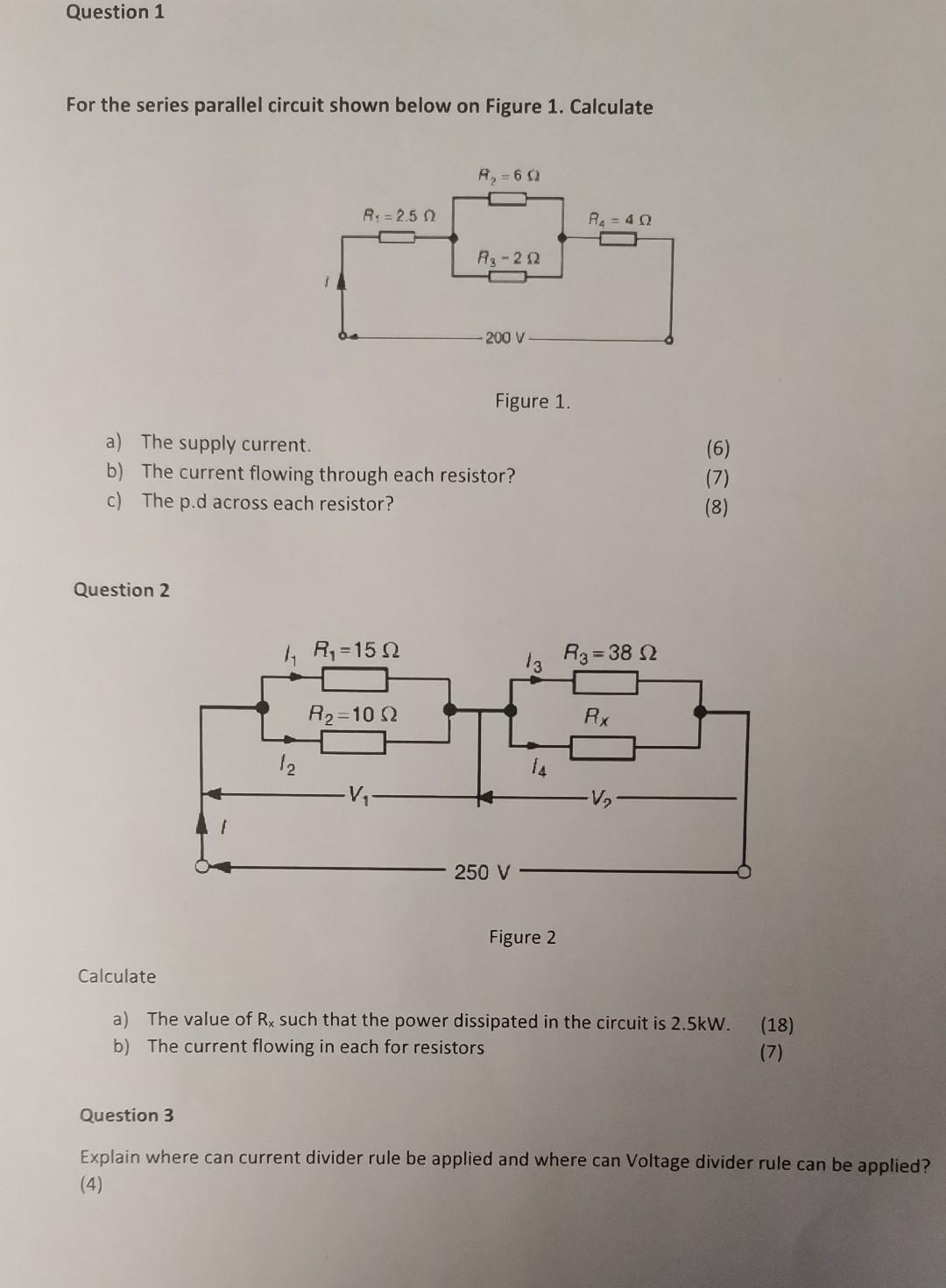 Question 1 For The Series Parallel Circuit Shown Below On Figure 1 Calculate R 60 R 2 50 R 40 R 212 200 V A 1