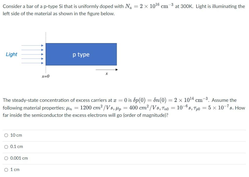 3 Consider A Bar Of A P Type Si That Is Uniformly Doped With N 2 10 6 Cm At 300k Light Is Illuminating The Left S 1