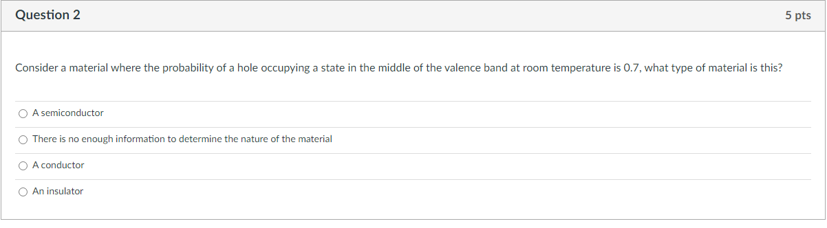 Question 2 5 Pts Consider A Material Where The Probability Of A Hole Occupying A State In The Middle Of The Valence Band 1