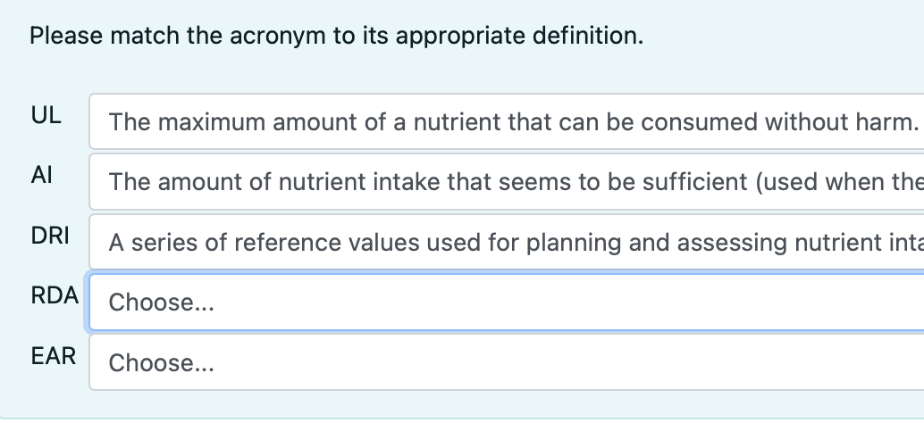 Please Match The Acronym To Its Appropriate Definition Ul The Maximum Amount Of A Nutrient That Can Be Consumed Without 1