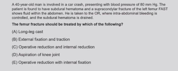 A 40 Year Old Man Is Involved In A Car Crash Presenting With Blood Pressure Of 80 Mm Hg The Patient Is Found To Have S 1