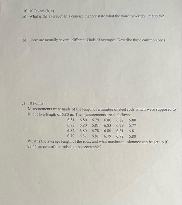 10 10 Points B C A What Is The Average In A Concise Manner State What The Word Average Refers To B There Are A 1